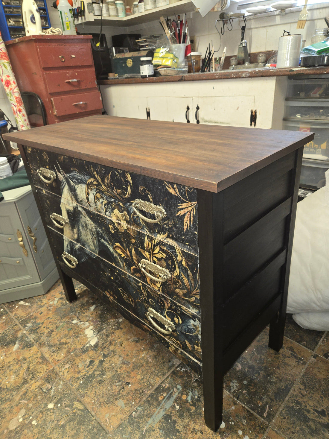 Small Antique Dresser Gets Upcycled With Horse Decoupage