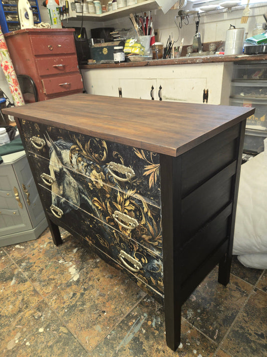 Small Antique Dresser Gets Upcycled With Horse Decoupage
