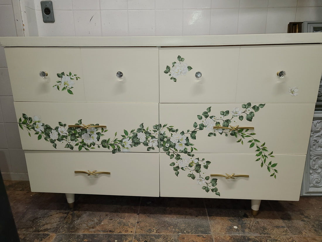 Whimsical Dresser Transformation Using Limestone & a Floral Décor Transfer - Regained Relics