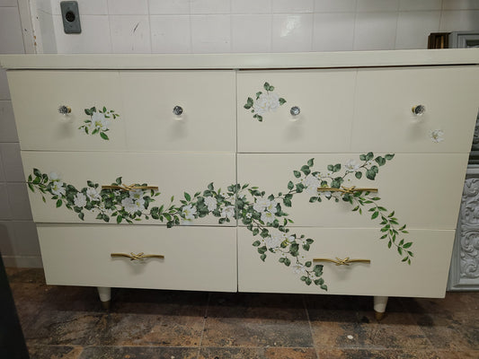 Whimsical Dresser Transformation Using Limestone & a Floral Décor Transfer - Regained Relics